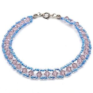 Lilac Purple Bicone Crystal Blue Seed Bead Double Strand Bracelet Sterling Clasp